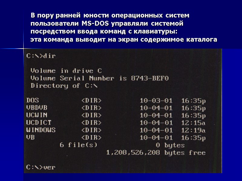 В пору ранней юности операционных систем пользователи MS-DOS управляли системой посредством ввода команд с